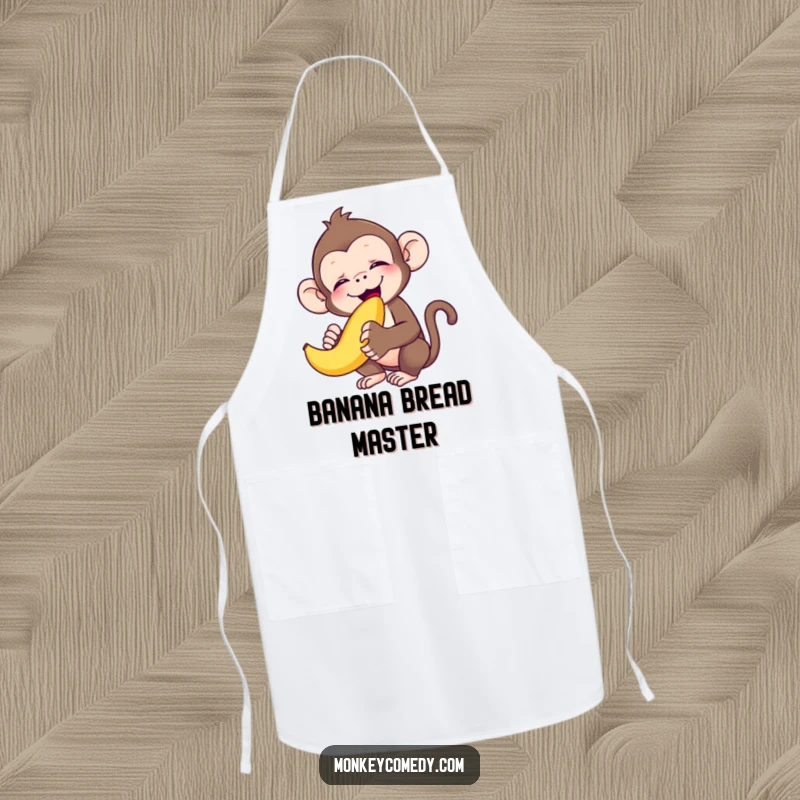 Funny monkey eyes closed in bliss, joyfully eating a banana, on a kitchen apron, perfect for a funny gift.