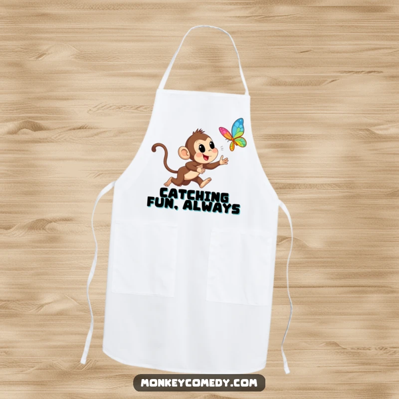 Funny Monkey Chasing Butterfly Apron: Humorous apron featuring an excited monkey chasing a butterfly, perfect for a fun and messy cooking experience.