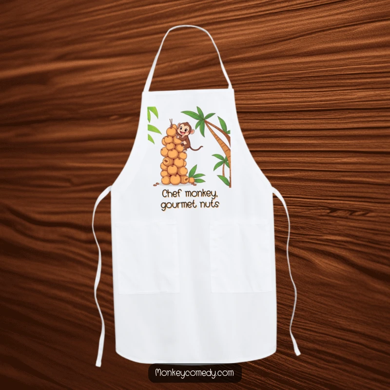 Funny apron depicting an eager monkey climbing a towering stack of coconuts, perfect for a humorous cooking experience.