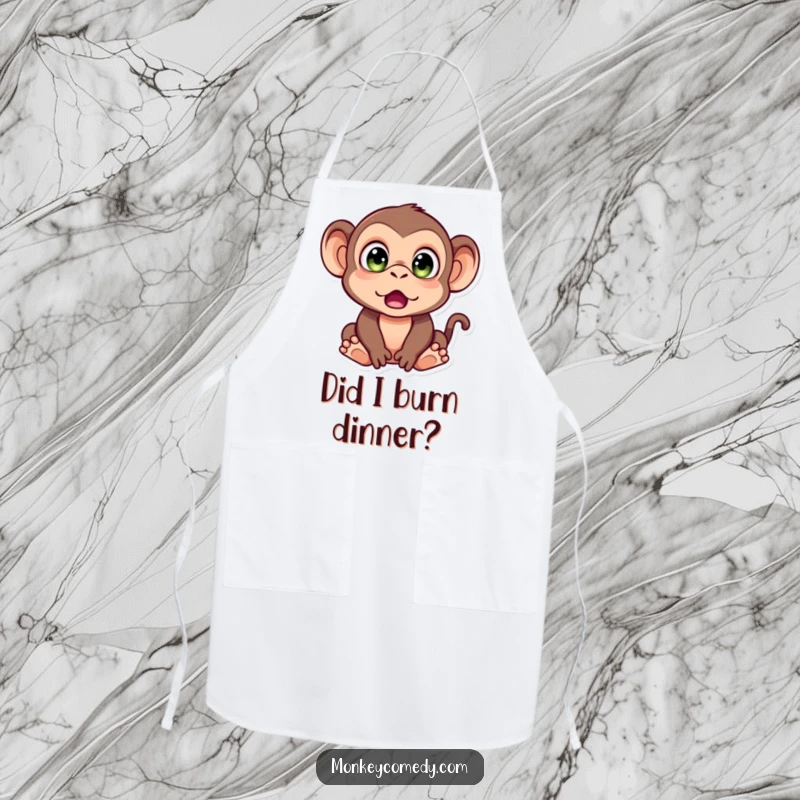 Funny Monkey Apron showcasing a monkey with wide, surprised eyes, perfect for adding humor and reaction to your cooking adventures.