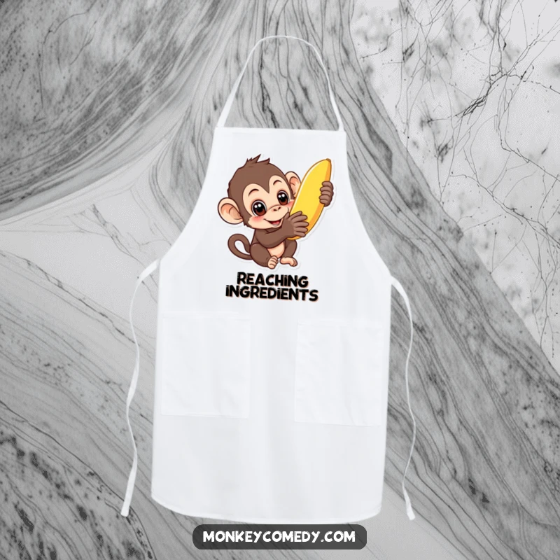Funny curious monkey apron showing a monkey with wide eyes reaching for a banana, ready for kitchen adventures.
