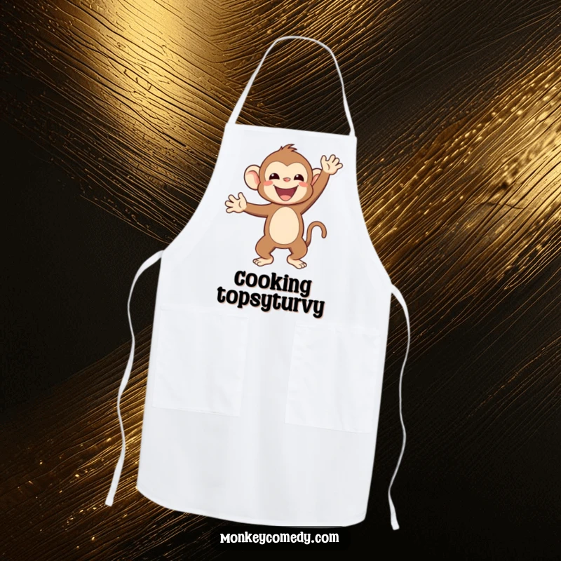 Funny Kawaii monkey in a playful handstand on a cute apron, for stylish cooking.