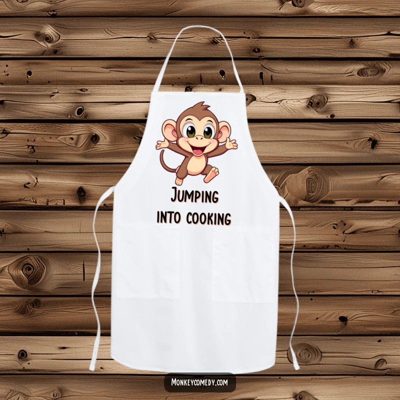 Funny Kawaii Monkey Leaping Apron: An excited monkey leaps forward, adding a splash of energetic humor to your culinary adventures.