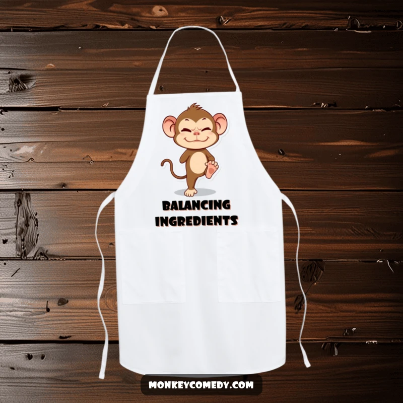 Funny Monkey Apron featuring a primate attempting to balance on one leg with a grimace, for a cook.