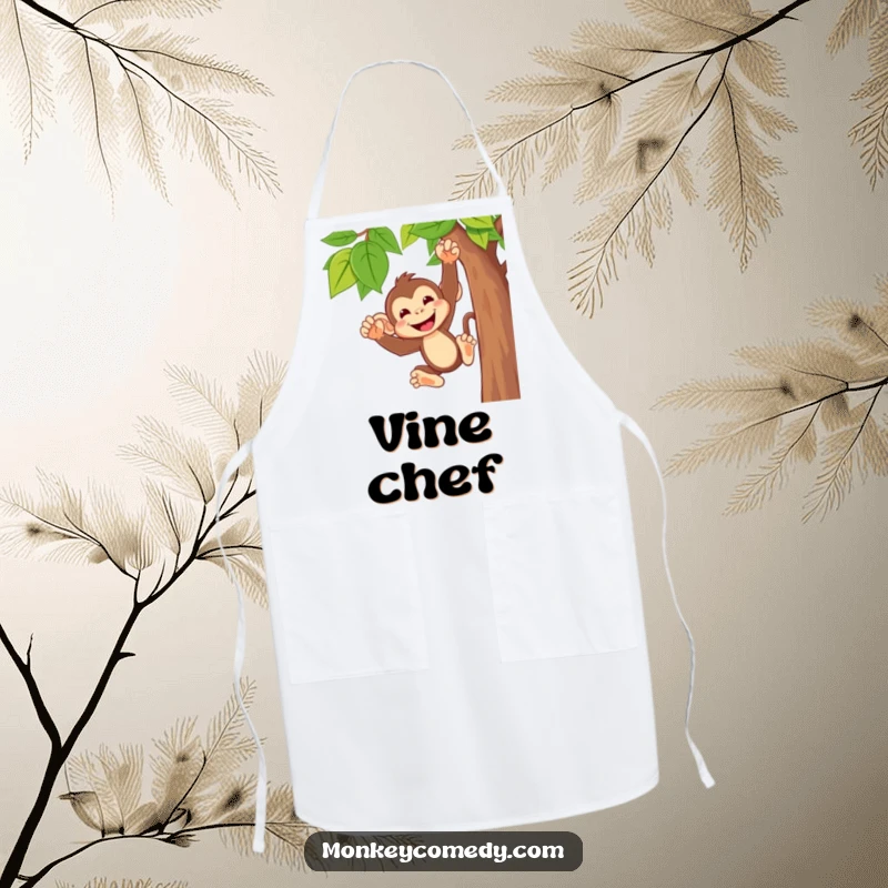 Funny monkey apron showing a cute character with a wide, cheeky grin, swinging from a vine, designed for kitchen fun.