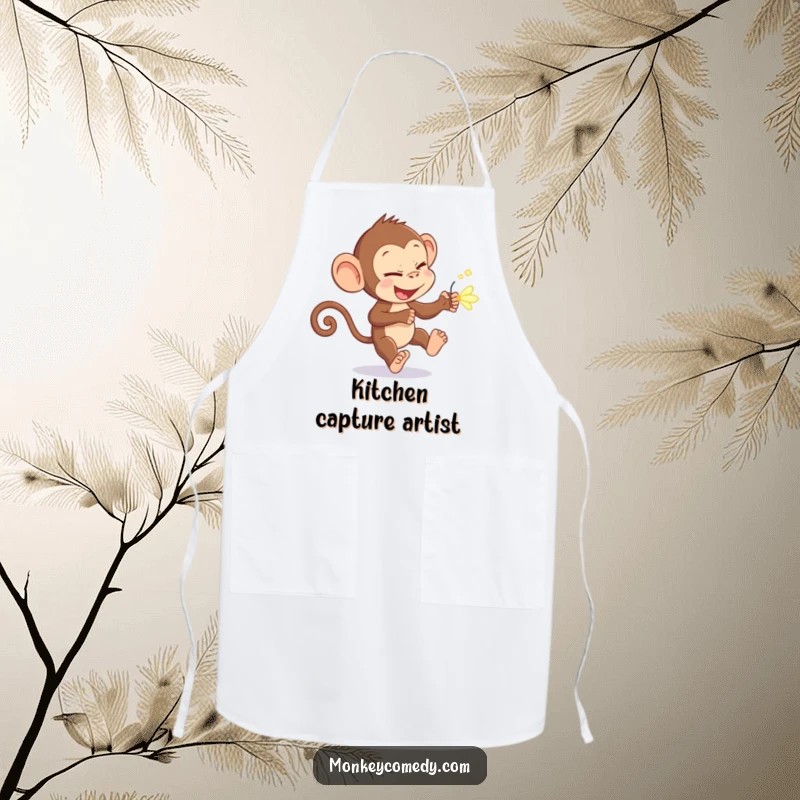 Funny monkey with a mischievous glint, chasing a bright firefly, on a kitchen apron, perfect for a funny gift.