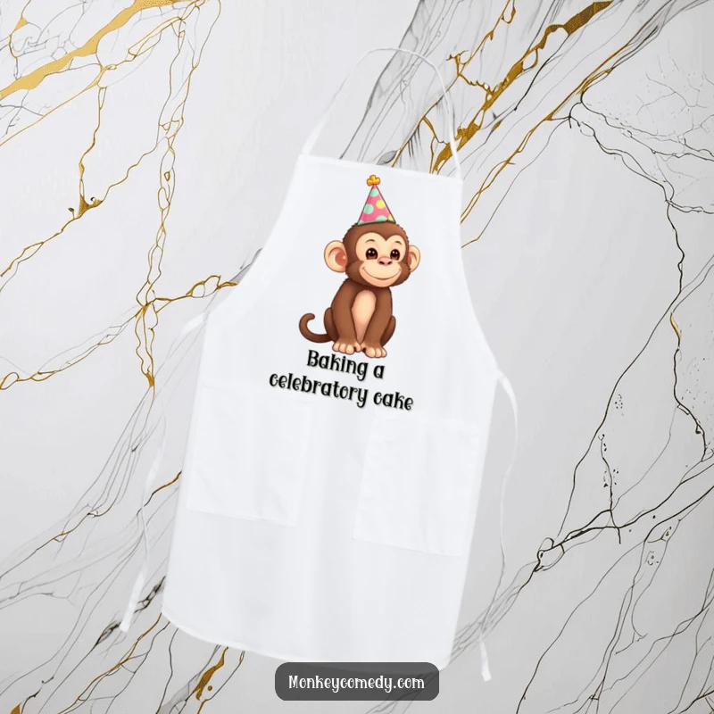 Funny Monkey Apron featuring a cheerful monkey wearing a festive party hat, ready to add a splash of humor to cooking and baking.