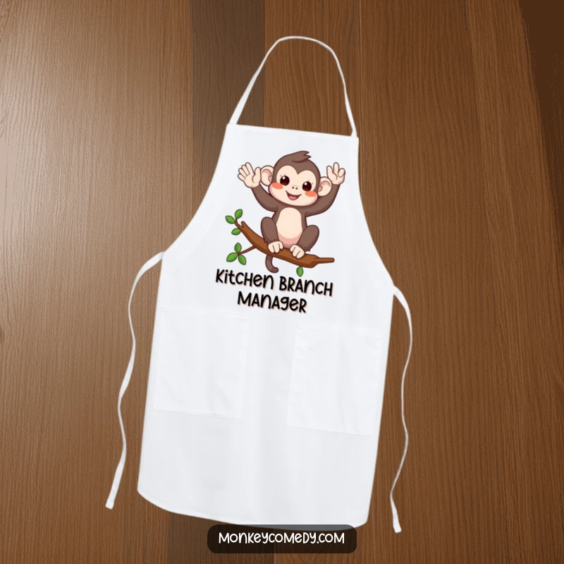 Funny apron with a monkey on a branch waving playfully, bringing a cheerful greeting to kitchen activities.