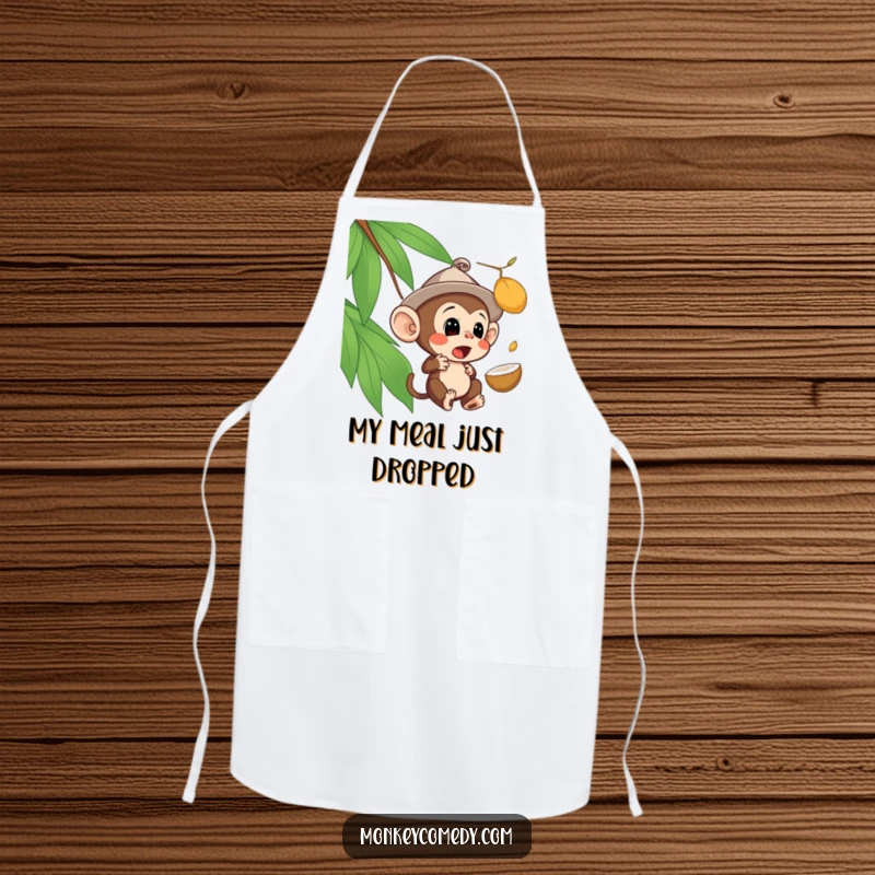 Funny surprised monkey apron showing a monkey in a hat looking shocked by a falling coconut, ready for kitchen mishaps.