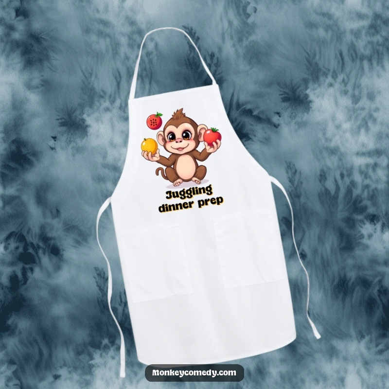Funny monkey apron showing a curious monkey juggling colorful fruits, designed for kitchen fun and protection.