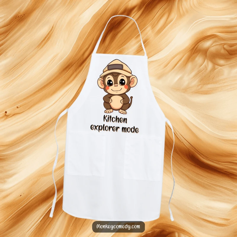 Funny Kawaii Monkey Explorer Apron: A curious monkey wearing an explorer hat looks around, bringing a sense of adventure to your kitchen.
