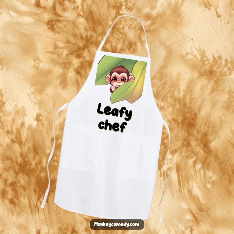 Funny monkey apron showing a small monkey with curious eyes peeking from behind a large, colorful leaf, designed for kitchen fun.