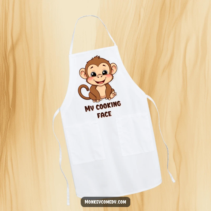 Funny apron depicting a monkey making a funny face and a silly pose, perfect for protecting clothes with a splash of primate comedy.