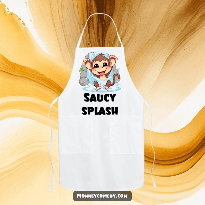 Funny apron showing a smiling monkey splashing water from a waterfall, perfect for keeping clean with a splash of primate humor.