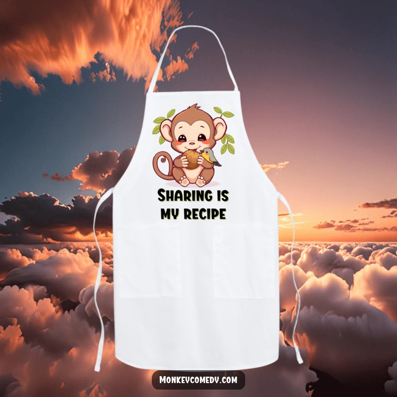 Funny apron with a monkey and bird sharing a nut, a cute and humorous kitchen essential for culinary adventures.