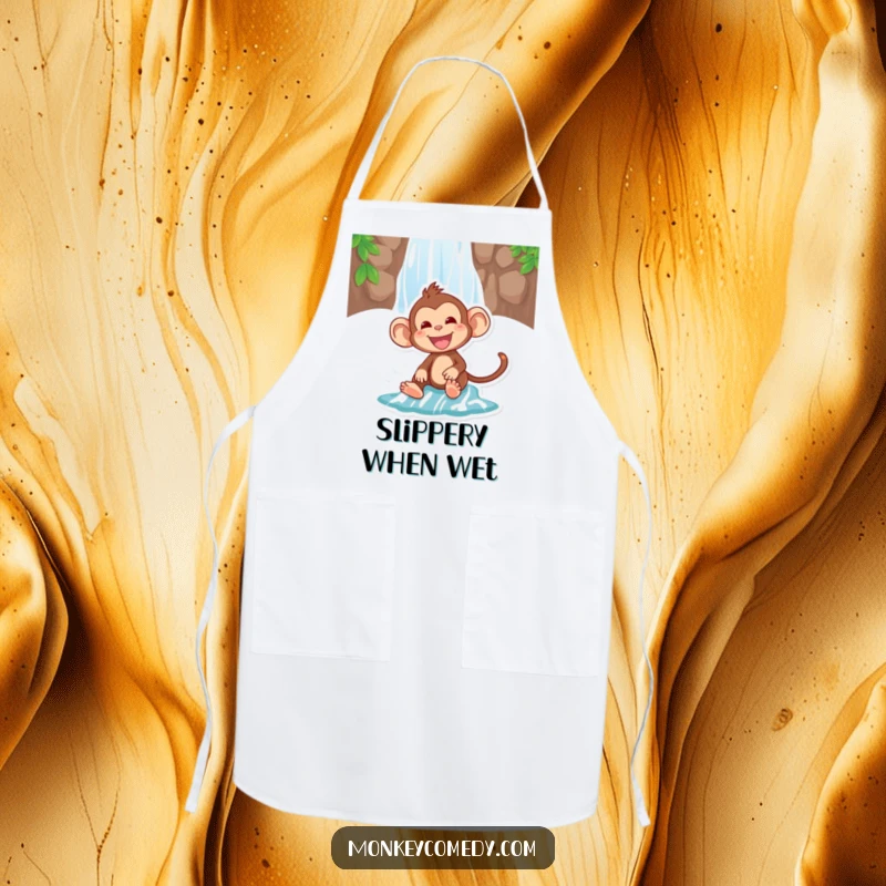 Funny apron showcasing a monkey sliding down a waterfall, ideal for adding humor to cooking and kitchen activities.