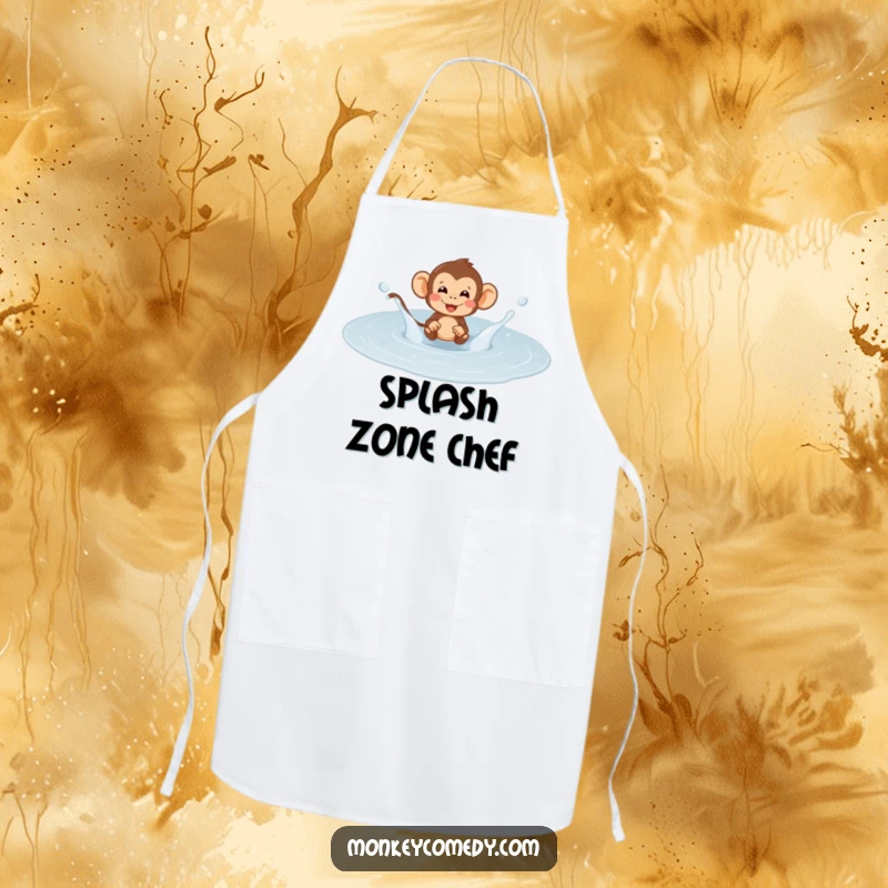 Funny monkey puddle splash apron, a primate humorously getting delightfully soaked while playing in a puddle, ready for kitchen fun.