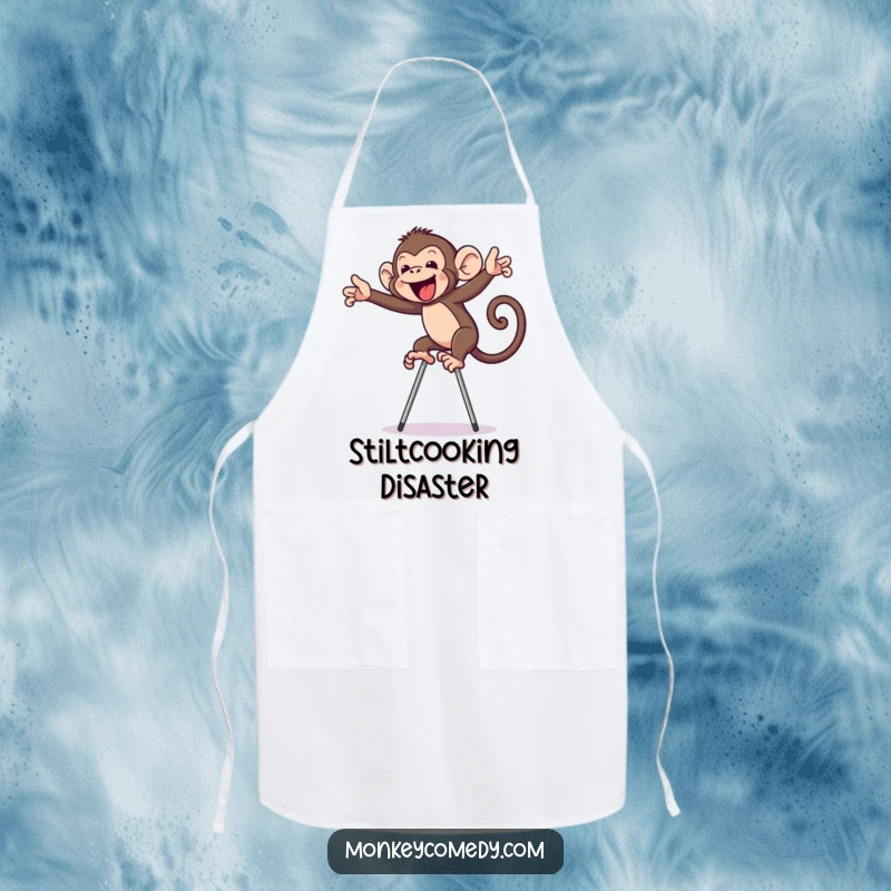 Funny monkey on stilts apron, a primate comically attempting to cook while on stilts, a hilarious kitchen companion.