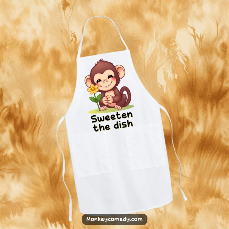 Funny Monkey Flower Apron: Humorous apron with a smiling monkey offering a flower, ideal for adding sweetness to cooking and baking.