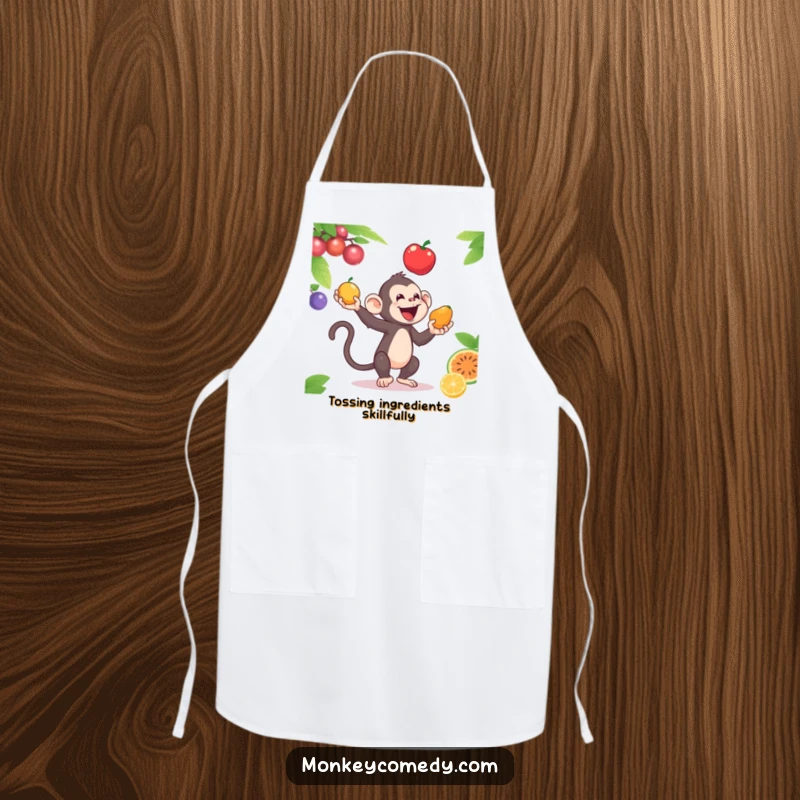Funny apron with a monkey juggling colorful fruits, bringing entertaining skill and charm to kitchen tasks.