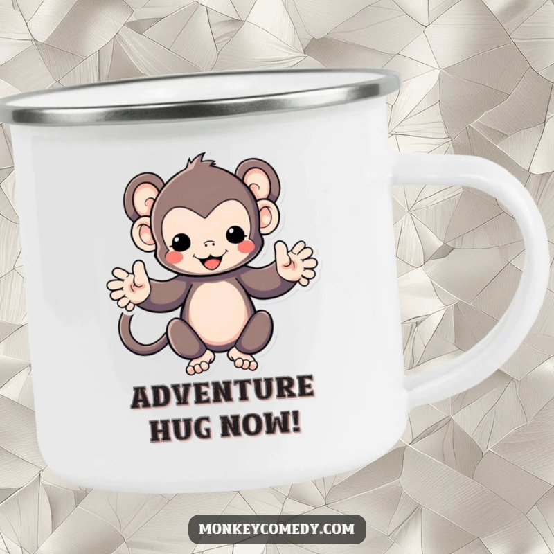 Funny Kawaii monkey with arms spread wide, offering a hug, on a sturdy camping mug, for outdoor use.