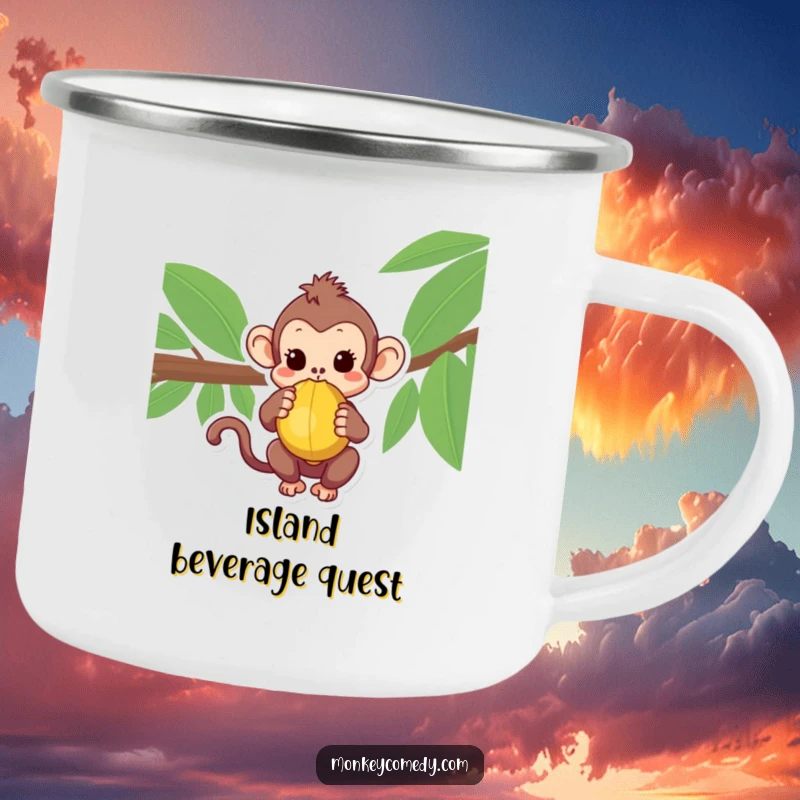 Adventurous Kawaii Monkey Camping Mug with a curious monkey and a coconut, ready for outdoor trips.