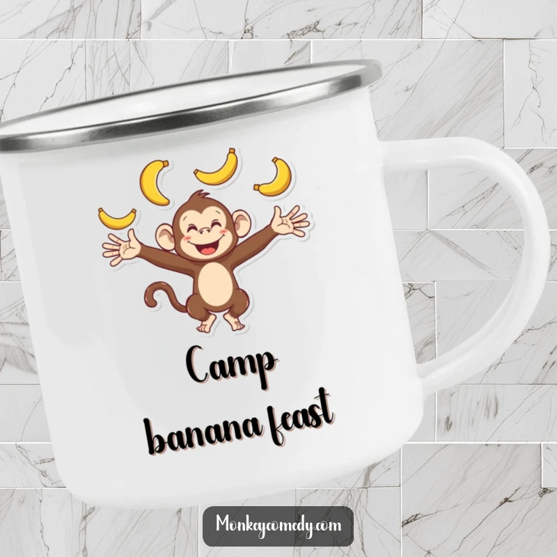 Funny monkey camping mug showing a playful character with outstretched arms, enthusiastically juggling bananas, perfect for outdoor enjoyment.