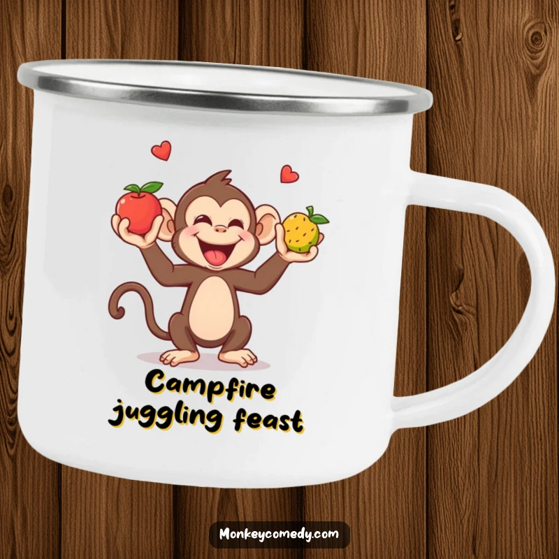 Funny Camping Mug: A giggling monkey juggles fruits with hands and feet, ready for outdoor fun.