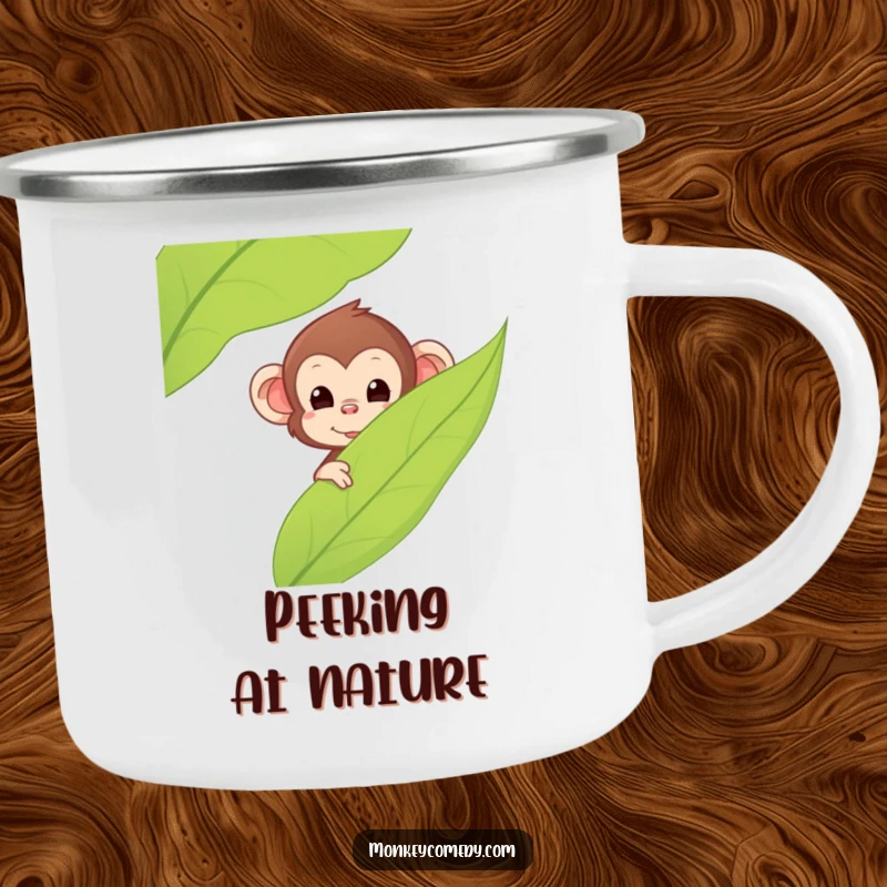 Funny Kawaii Monkey Camping Mug, enamel finish, shows a monkey peeking from behind a leaf, great for outdoor use, perfect funny gift.
