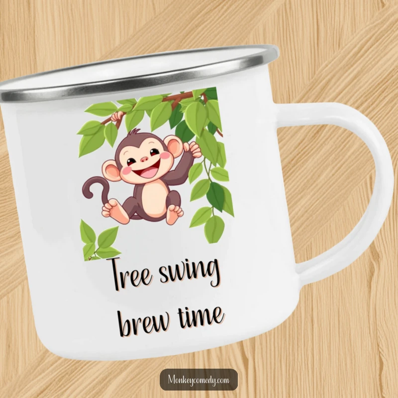 Funny kawaii monkey camping mug, wide grin, swinging adventurously, rugged and portable jungle companion.