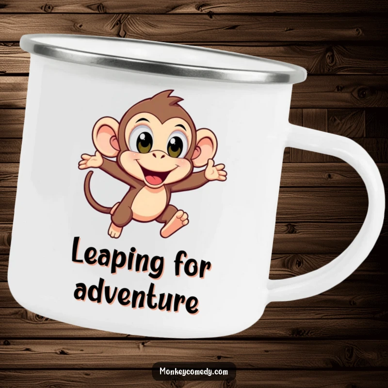 Funny Kawaii Monkey Leaping Camping Mug: An excited monkey leaps forward with energy, bringing portable fun to your outdoor brew.