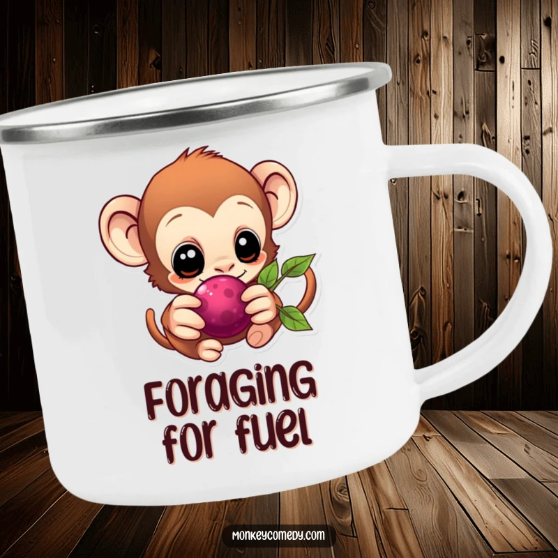 Eager Kawaii Monkey Camping Mug with a monkey reaching for a berry, ideal for outdoor enjoyment.