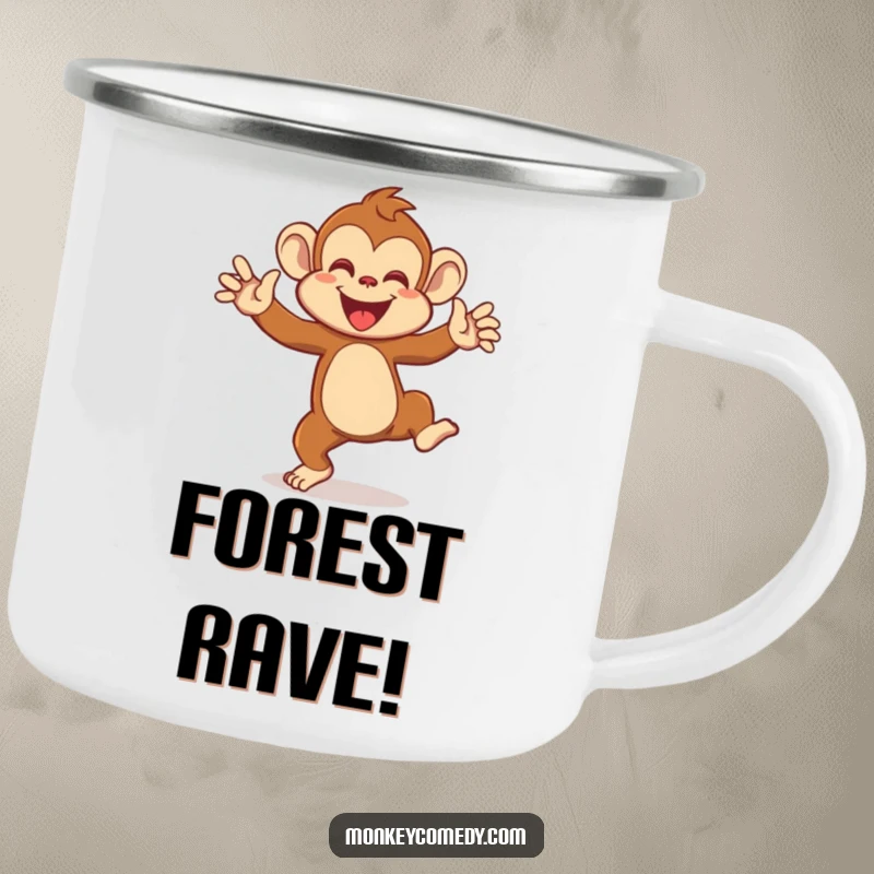 Funny camping mug featuring an excited monkey dancing with flailing arms, ready for your outdoor adventures and humorous hydration.
