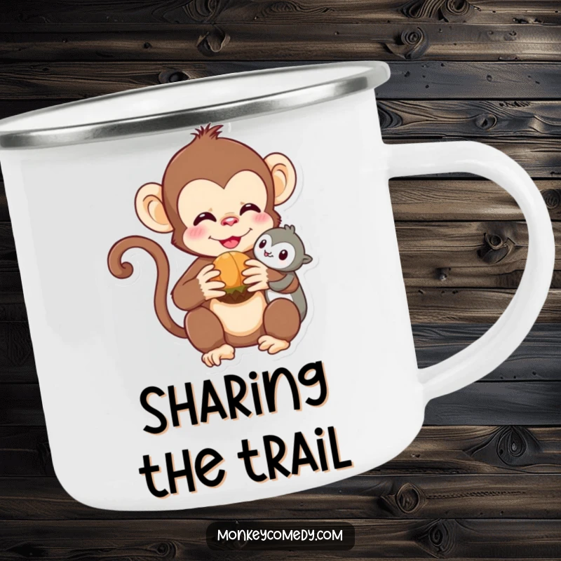 Funny Kawaii Monkey Camping Mug: A cute monkey shares a nut, perfect for outdoor adventures and friendship.
