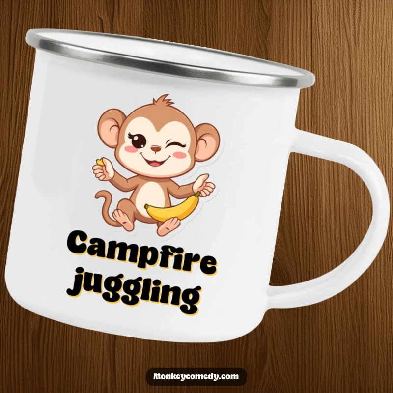 Funny Kawaii Monkey Camping Mug: A sturdy enamel mug with a cute monkey juggling bananas and winking, for outdoor fun.