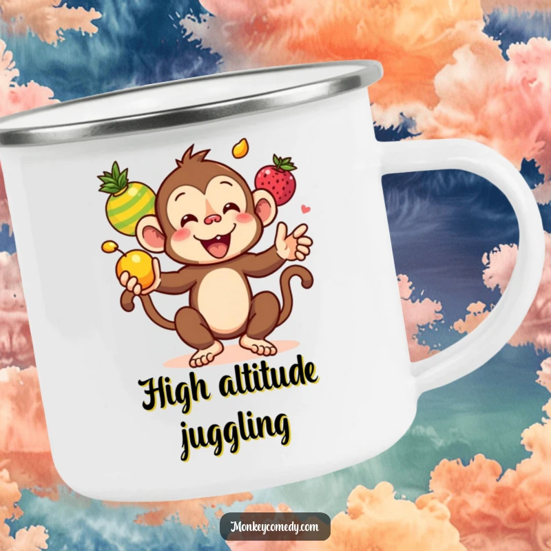 Funny Kawaii Monkey Juggling Colorful Fruits Camping Mug, a durable enamel mug with a playful monkey juggling fruits, ideal for funny outdoor adventures.