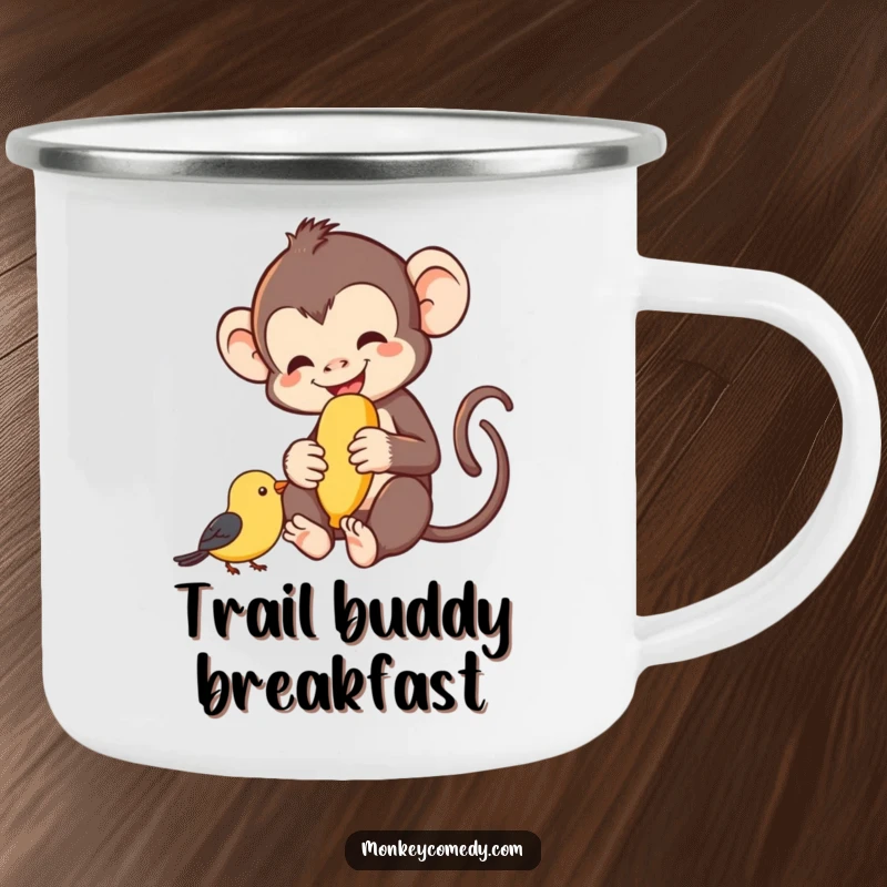 Funny monkey sharing a banana with a bird, cheerful camping mug, ideal funny gift.