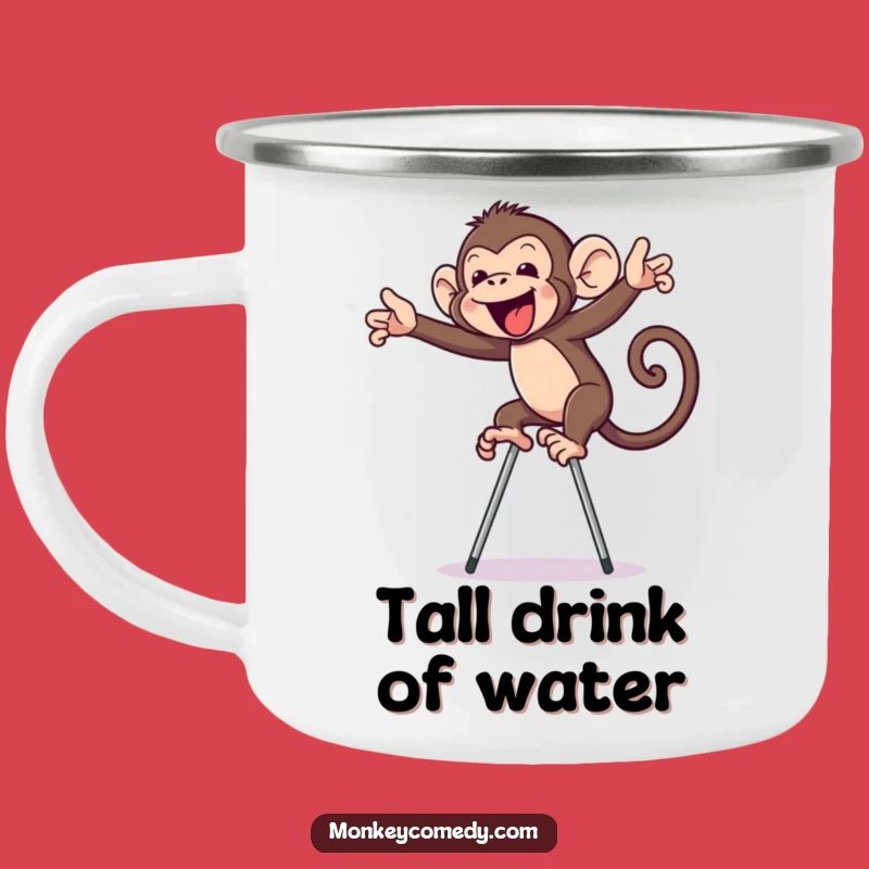 Funny Monkey on Stilts Camping Mug: Outdoor Humor, Primate Adventure Gift!