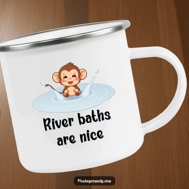 Funny monkey puddle splash camping mug, showing a primate gleefully splashing in a puddle, ready for outdoor fun and drinks.