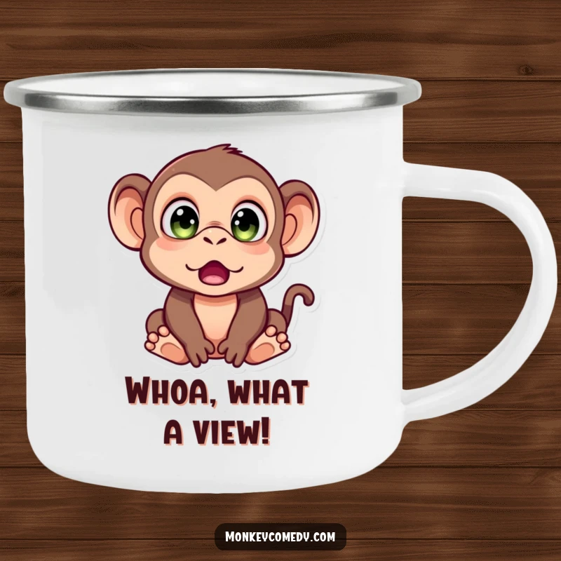 Funny Monkey Camping Mug featuring a monkey with wide, surprised eyes, ready for outdoor adventures and a morning brew with a comical reaction.