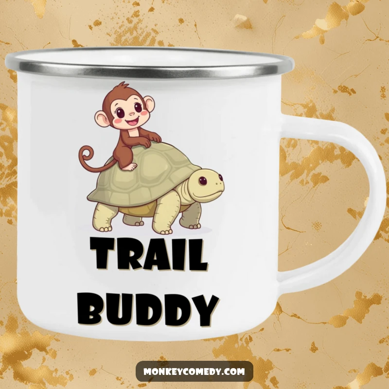 Funny camping mug with a monkey joyfully riding a tortoise, perfect for outdoor trips and enjoying humorous, unhurried moments.