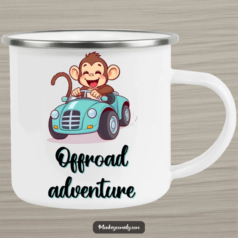 Funny monkey toy car race camping mug, showing a primate racing a toy car in an outdoor setting, ready for adventure.