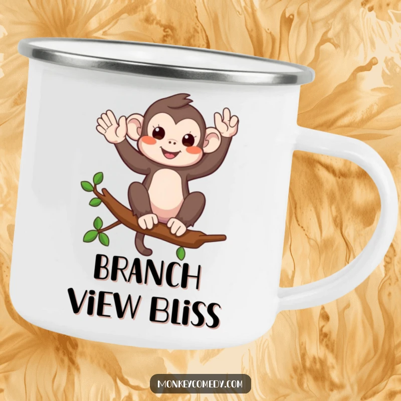Funny camping mug with a monkey on a branch waving playfully, ready for adventures with a friendly hello.