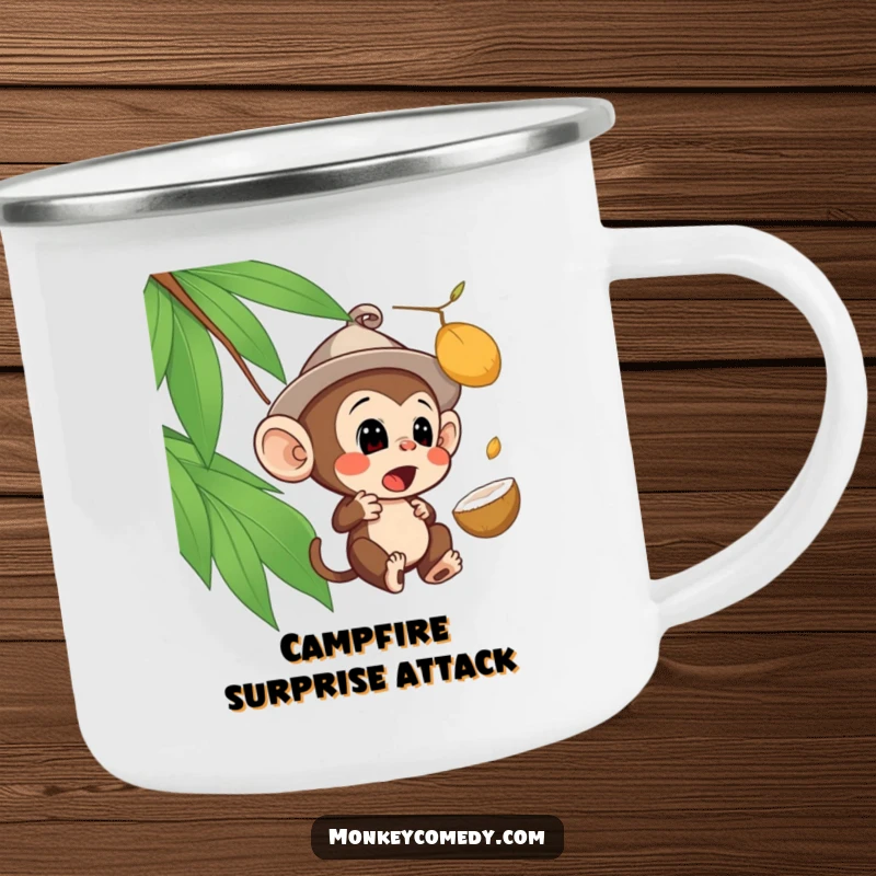Funny surprised monkey camping mug showing a monkey in a hat shocked by a falling coconut, ready for outdoor brews and laughs.