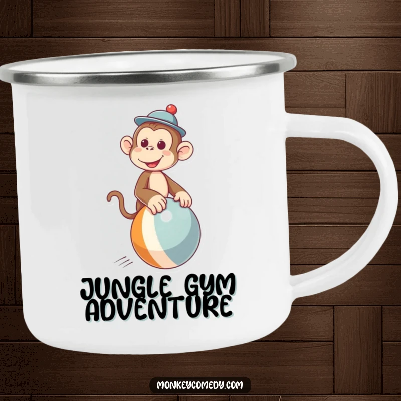 Funny camping mug with a playful monkey in a hat riding a bouncing ball, perfect for outdoor adventures and humor.