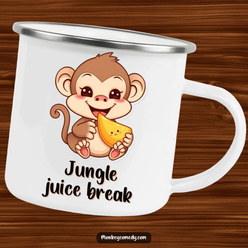 Funny enamel camping mug featuring a mischievous kawaii monkey happily eating fruit, built for durability and fun.