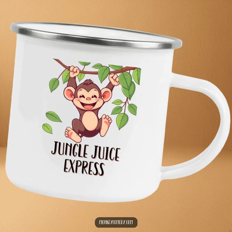 Funny Camping Mug: A playful monkey swings from a vine with a joyful grin, ready for adventure.