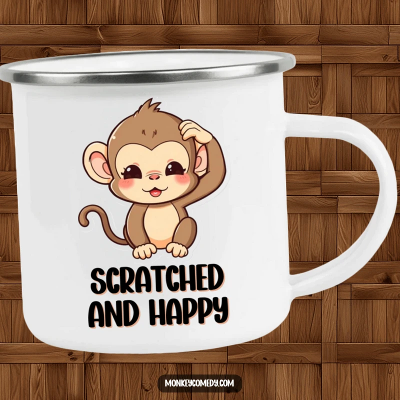 Funny Kawaii Monkey Camping Mug with a cute monkey making a silly expression and scratching its head, for humorous outdoor trips.