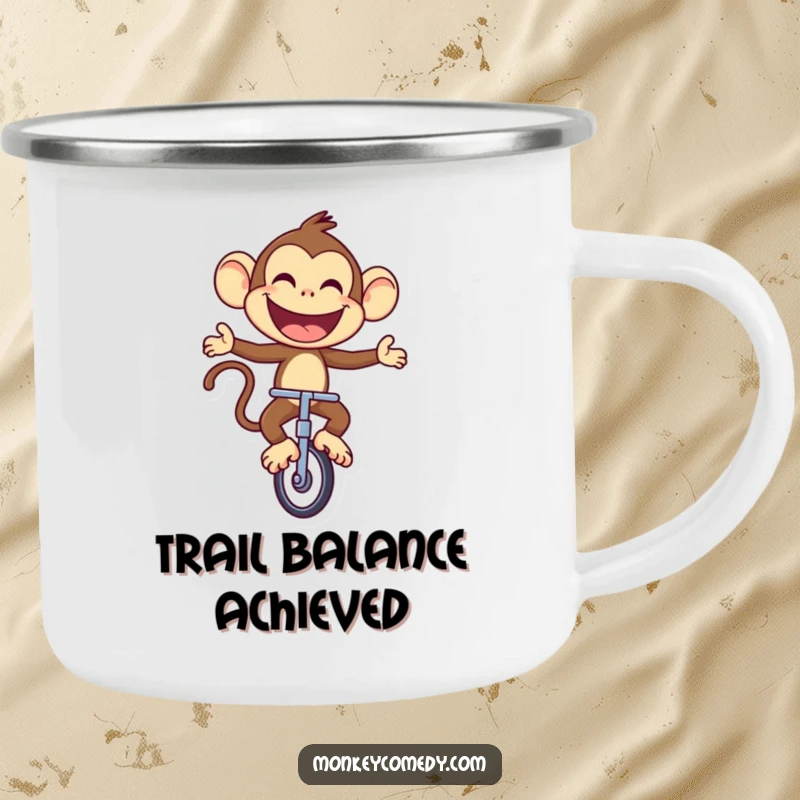 Funny Monkey Camping Mug: A joyful monkey rides a unicycle with a large, proud smile, perfect for outdoor fun.