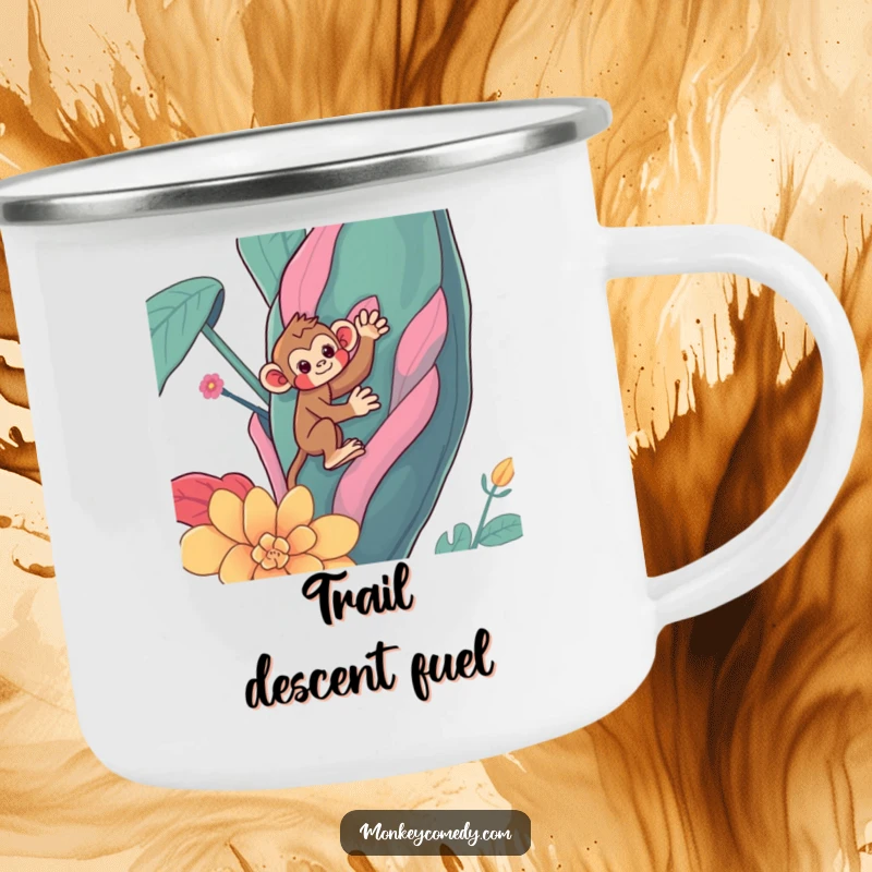 Funny Kawaii monkey camping mug, a cute primate comically climbing a large, colorful plant, for outdoor humor, funny gift.